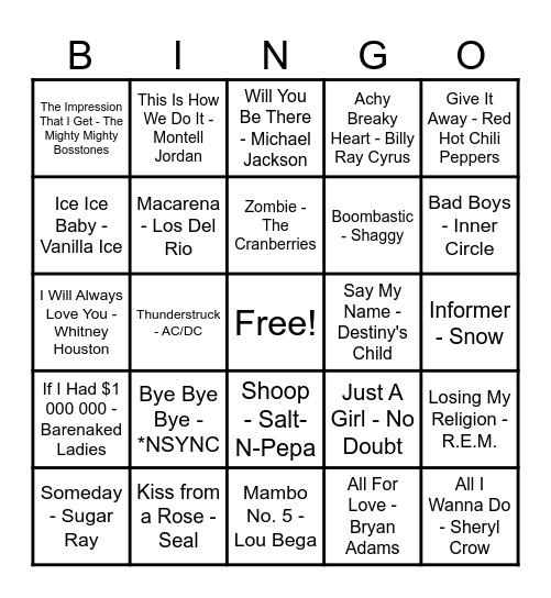 90's Hits! Bingo Card