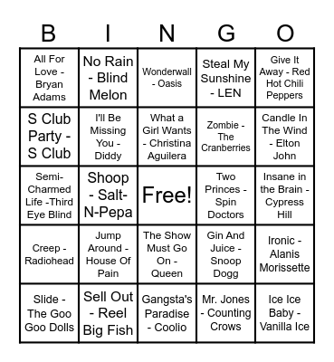 90's Hits! Bingo Card