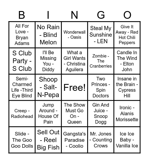 90's Hits! Bingo Card