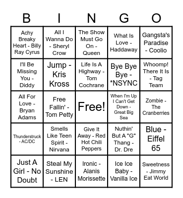 90's Hits! Bingo Card