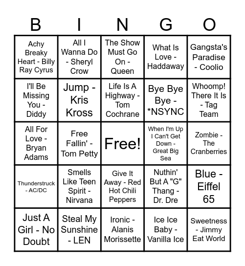 90's Hits! Bingo Card