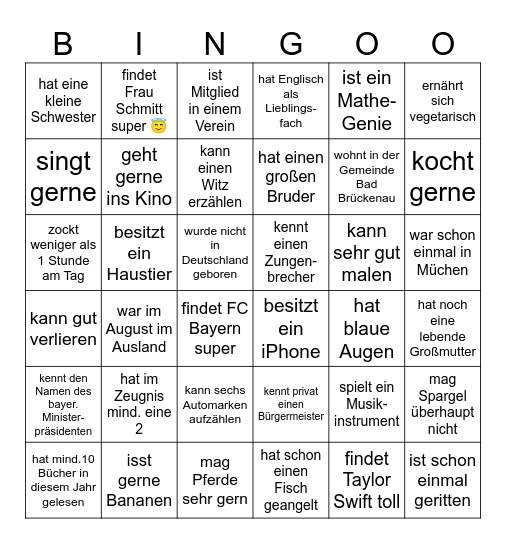 Klassenbingo Card