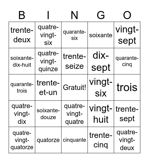 Bingo a Chiffres (mots) Bingo Card