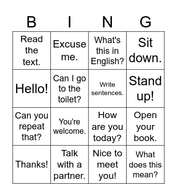 Classroom language Bingo Card