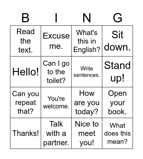 Classroom language Bingo Card