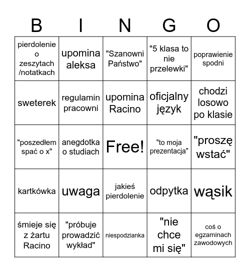 lekcja u ślipko Bingo Card