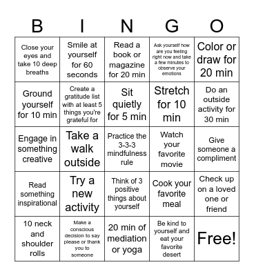 Mindfulness Bingo Card