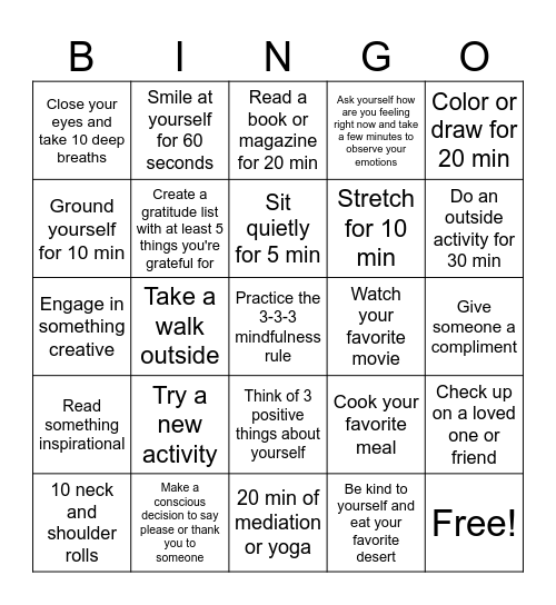 Mindfulness Bingo Card