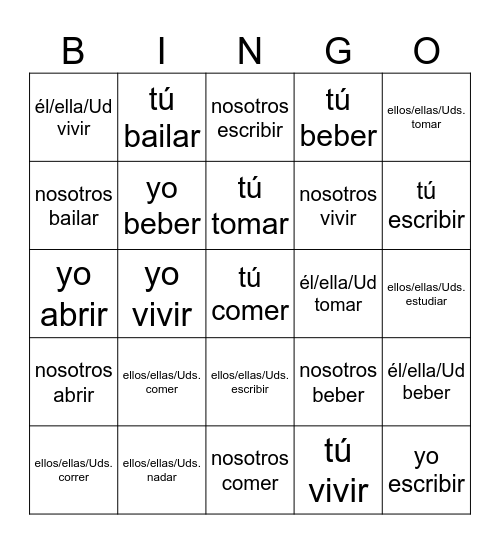 verbos regulares en el presente Bingo Card