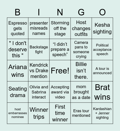 VMA Bingo 2024 Bingo Card