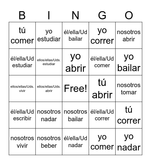 verbos regulares en el presente Bingo Card