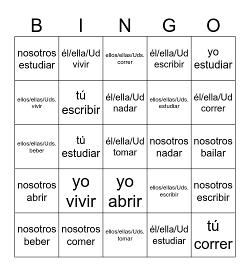 verbos regulares en el presente Bingo Card