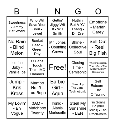 90's Hits! Bingo Card