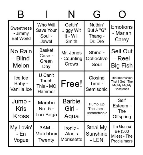 80's Hits! Bingo Card