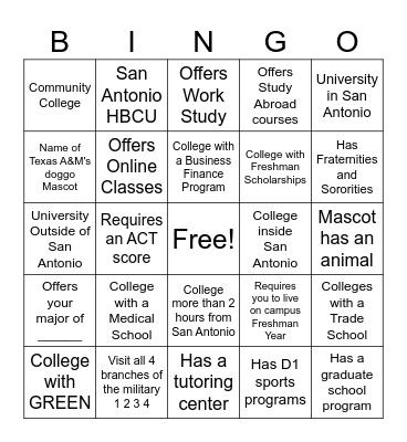 San Antonio and Texas College Career Fair Bingo Card