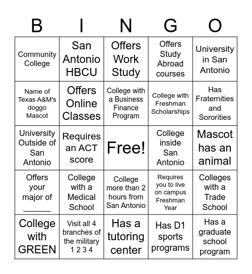 San Antonio and Texas College Career Fair Bingo Card