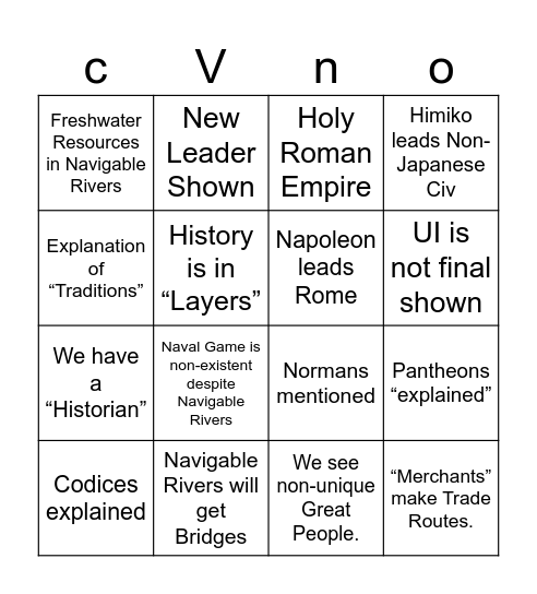 CiVIlization Bingo Card