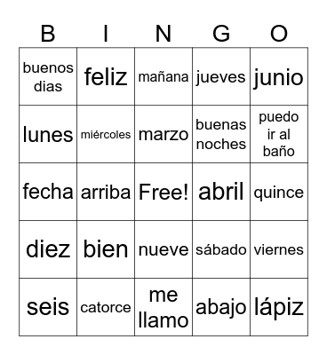 Spanish 1 Bingo Card
