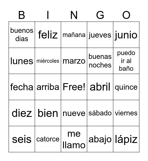 Spanish 1 Bingo Card