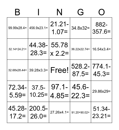 Decimal Bingo Card
