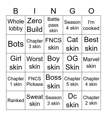 Fortnite Bingo Card