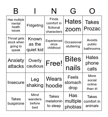 Anxiety Bingo Card