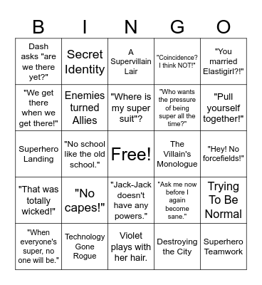 THE INCREDIBLES BINGO Card