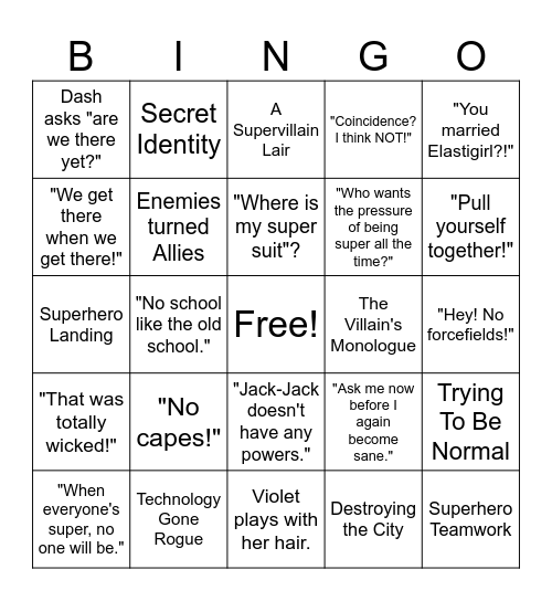 THE INCREDIBLES BINGO Card