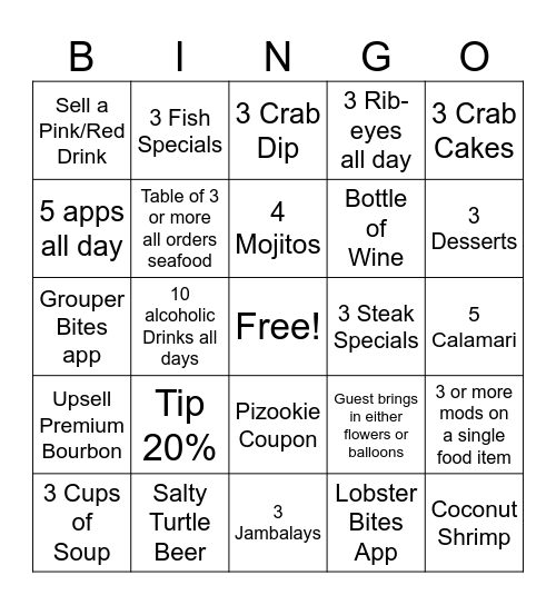 Waiter Bringo Bingo Card