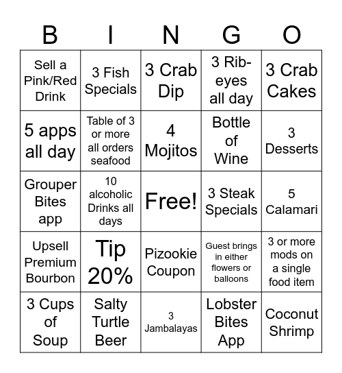 Waiter Bringo Bingo Card