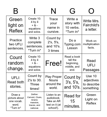 3rd Grade Homework Bingo Card