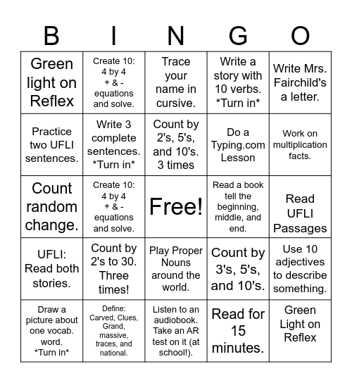 3rd Grade Homework Bingo Card