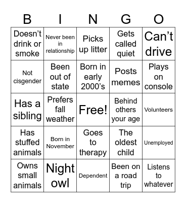 Get to know you Bingo Card