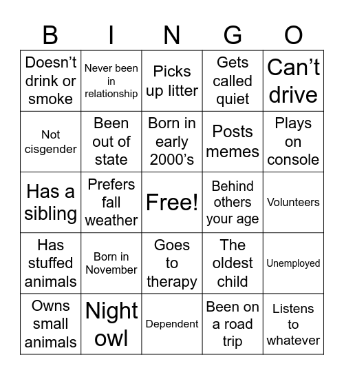 Get to know you Bingo Card