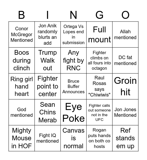 UFC 306 Bingo Card