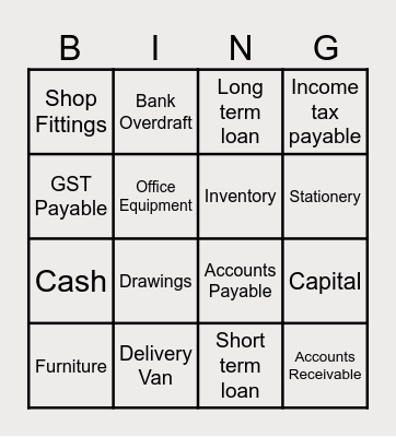 Assets/Liabilities/Owner's Equity Bingo Card