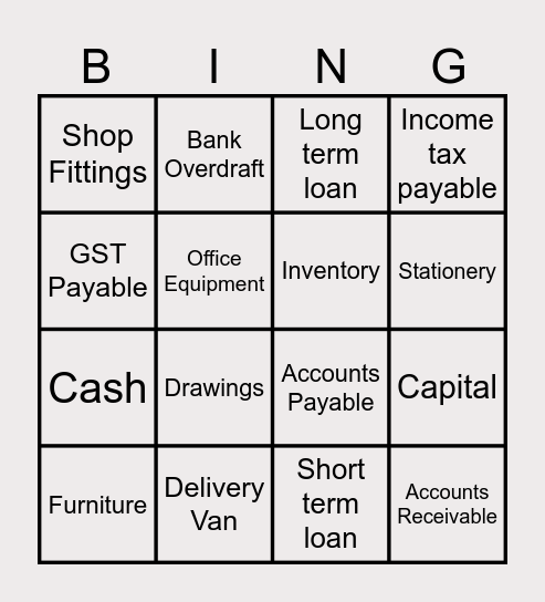 Assets/Liabilities/Owner's Equity Bingo Card