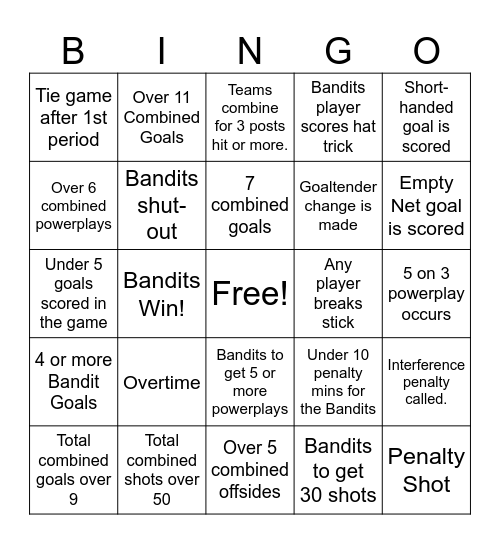 Bandits Bingo Card