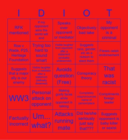 2024 Debate Bingo Card