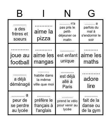 Bingo pour faire connaissance avec ma classe Bingo Card