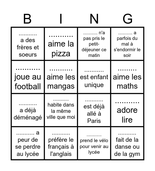 Bingo pour faire connaissance avec ma classe Bingo Card