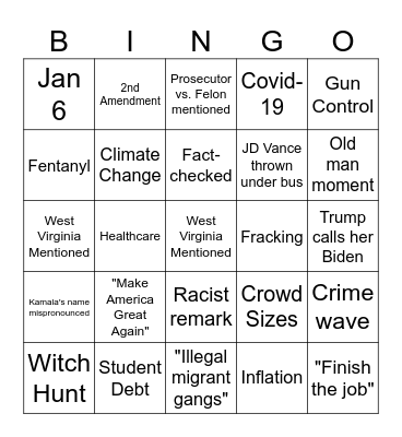 Harris/Trump Debate Bingo Card
