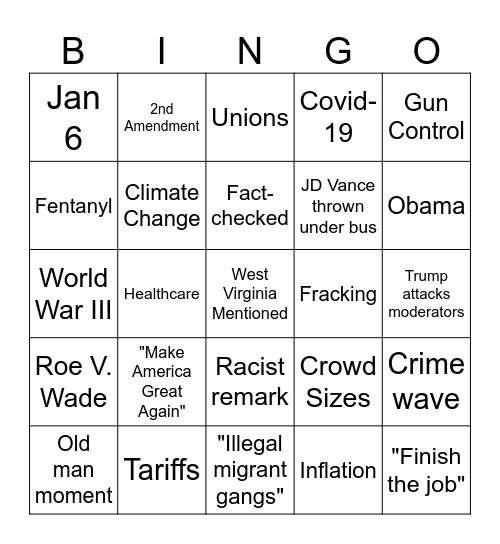 Trump/Harris Debate Bingo Card