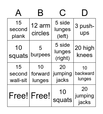 Fitness Bingo!! Bingo Card