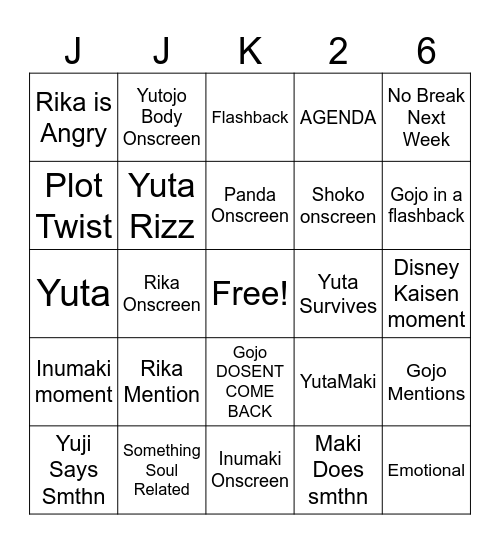 Yuta Kaisen 269 BINGO!!!!!!!! Bingo Card