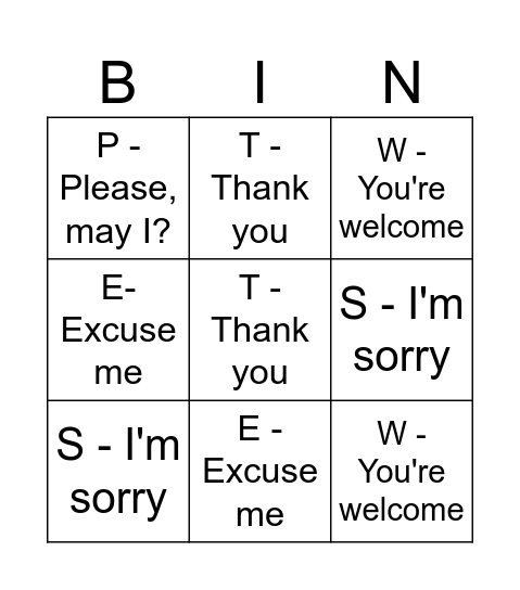 Polite Board Bingo Card