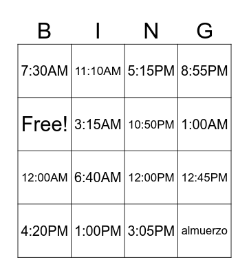 La hora- Time Bingo Card