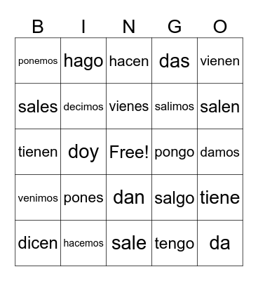 Yo go and irregular verbs Bingo Card
