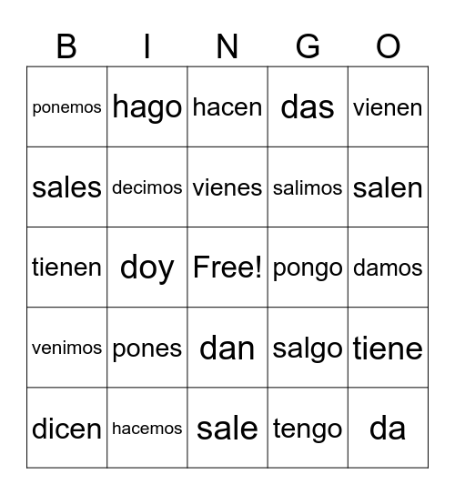 Yo go and irregular verbs Bingo Card