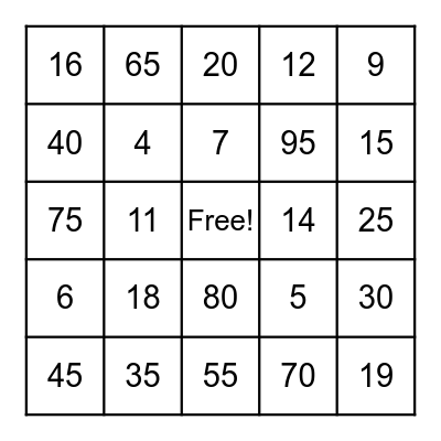 Number Bingo Card